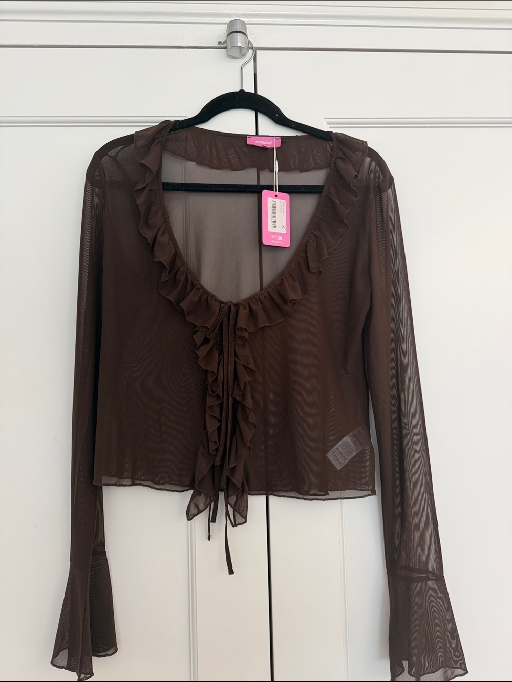 Edikted Brown Sheer Ruffle Tie-Front Blouse